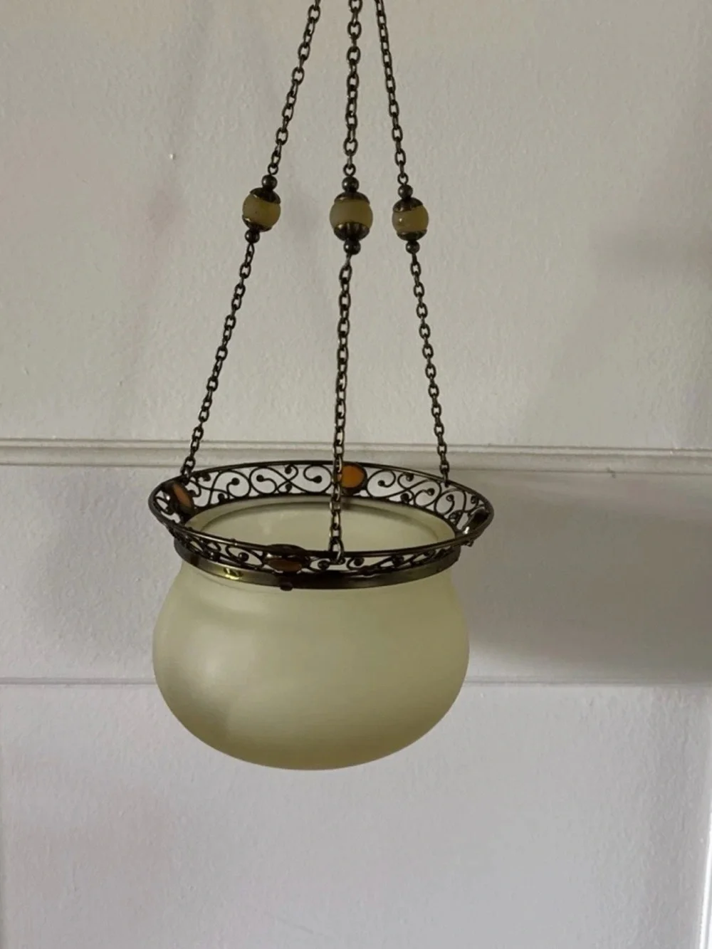 PartyLite Yellow Frosted Glass Hanging Lantern with Antique Brass Chain & stones
